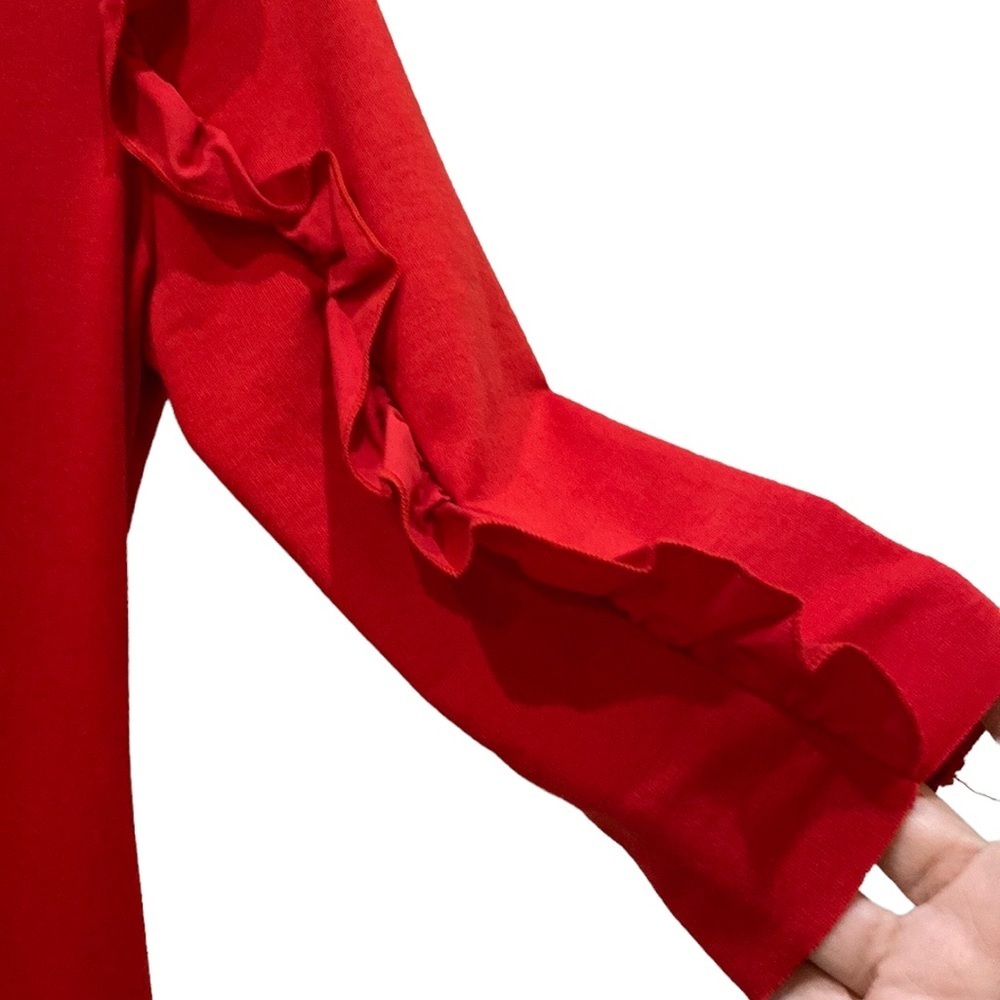 Zara Trafaluc Ponti Di Roma Red Knit Dress Elbow Sleeve Ruffle 3/4 size M - Picture 10 of 14